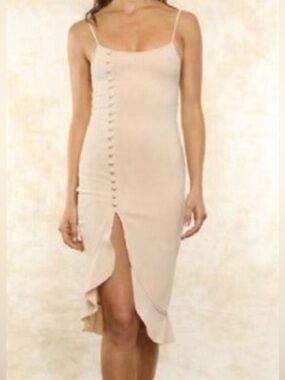 Fletch Stella Ribbed Midi Dress‎ Button Detail Ruffle Slit Bodycon Size M